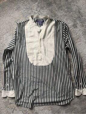 Ralph Lauren Purple Label Black & White Striped Band-Collar Shirt TUXEDO
